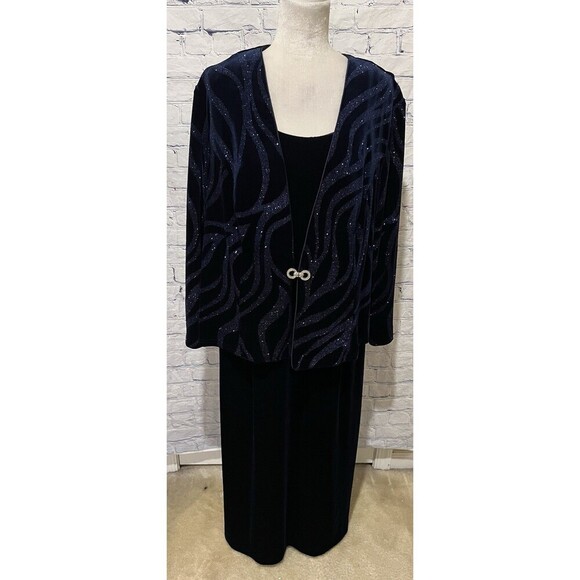R&M Richards Plus Size Blue Velvet Sleeveless Dress with Glitter Jacket Size 20W - Picture 1 of 16